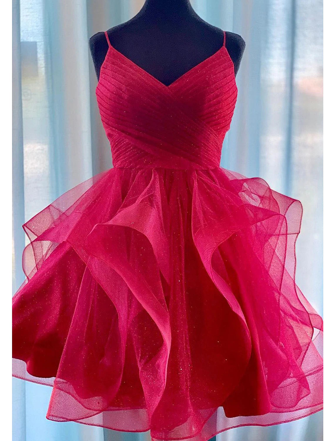 Luolandi Ball Gown Homecoming Dresses Glittering Mini Dresses Puff Tiered Dresses Sleeveless Spaghetti Strap