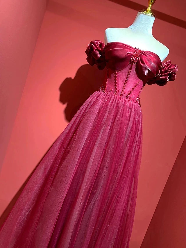 Luolandi A-Line Prom Dresses Empire Dress Prom Sweep / Brush Train Short Sleeve Sweetheart Tulle with Pleats