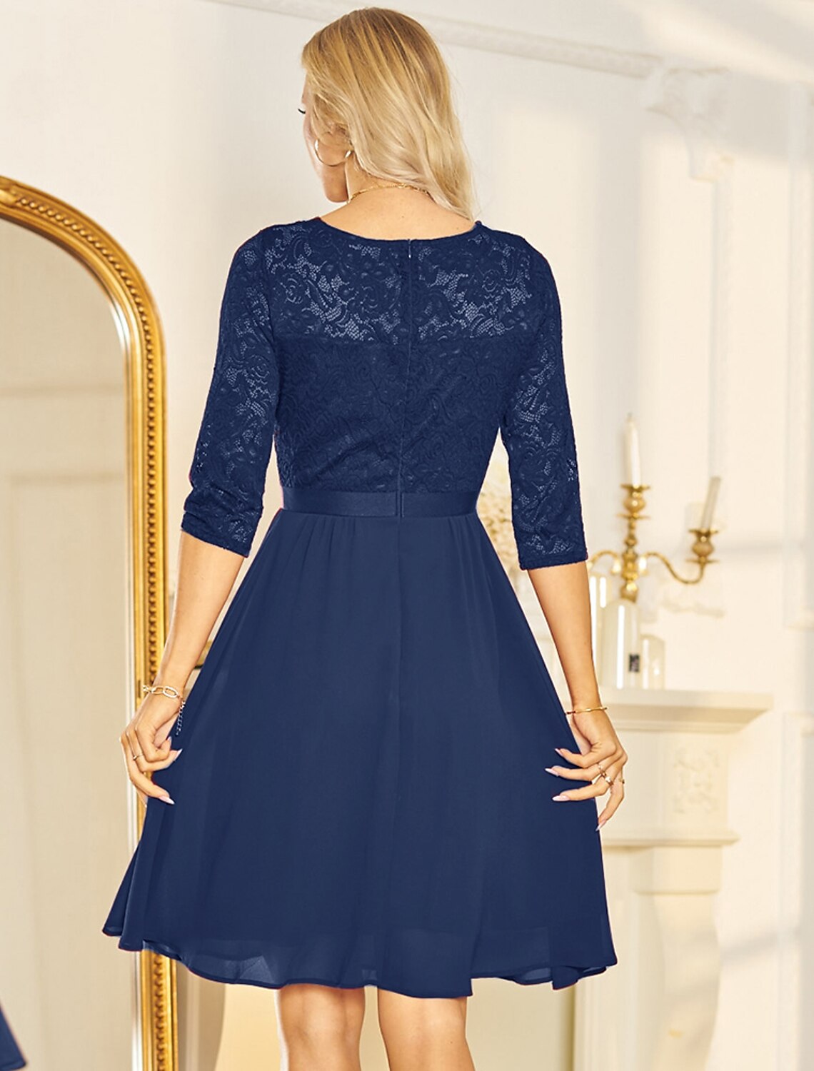 Luolandi A-Line Cocktail Dresses Minimalist Dress Party Wear Knee Length Half Sleeve V Neck Chiffon