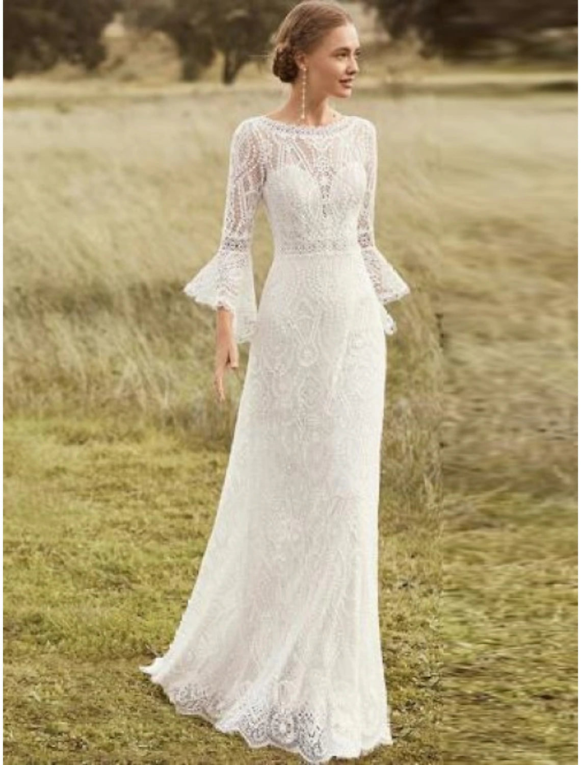 Luolandi Beach Boho Wedding Dresses A-Line Scoop Neck Long Sleeve Sweep / Brush Train Lace Bridal Gowns With Lace Solid