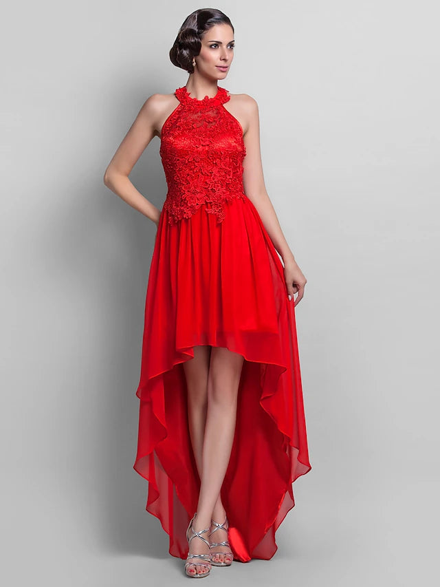 Luolandi Sheath / Column Elegant Dress Wedding Guest Asymmetrical Sleeveless Halter Chiffon Backless