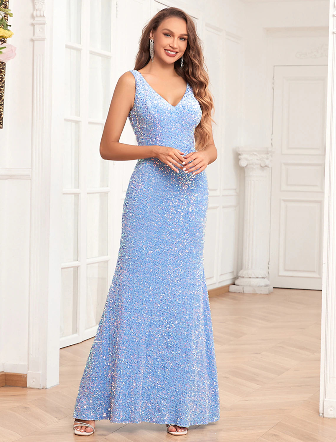 Luolandi Mermaid / Trumpet Evening Gown Elegant Dress Evening Party Prom Floor Length Sleeveless V Neck Bridesmaid Dress Sequined V Back