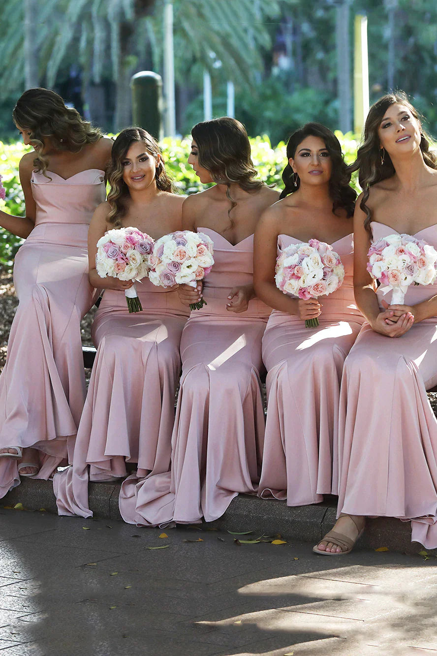 Luolandi Mermaid Strapless Blush Pink Satin Bridesmaid Dresses Long Elegant Party Dresses