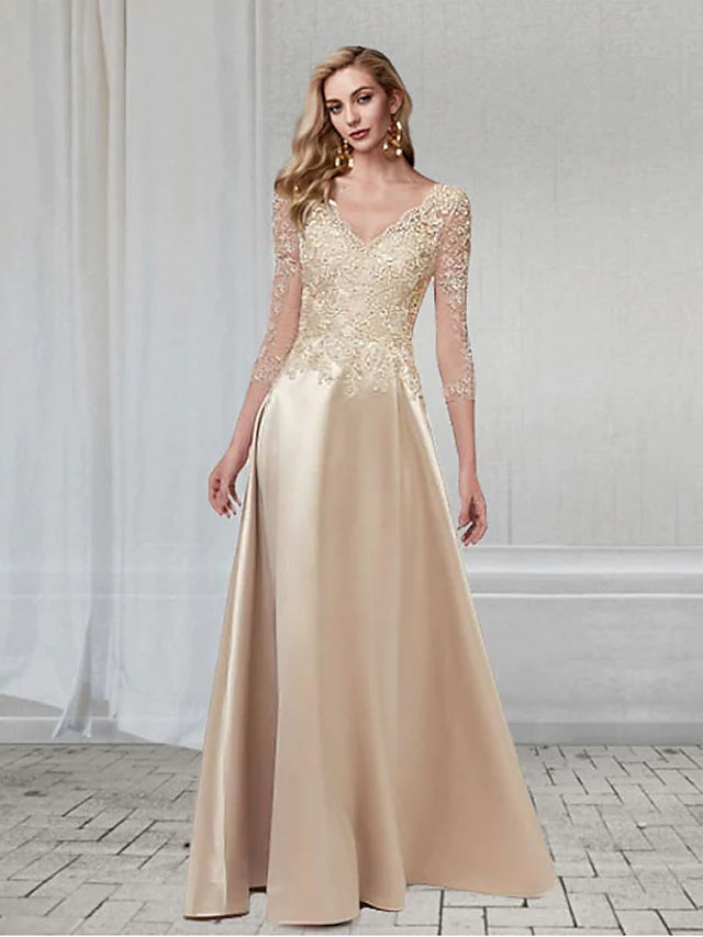 Luolandi A-Line Elegant Wedding Guest Formal Evening Dress V Neck 3/4 Length Sleeve Floor Length Chiffon
