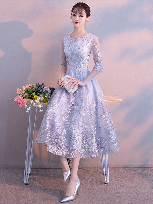 Luolandi Elegant Cocktail Party Prom Dress Jewel Neck 3/4 Length Sleeve Tea Length Lace with Lace Insert Pattern / Print Appliques