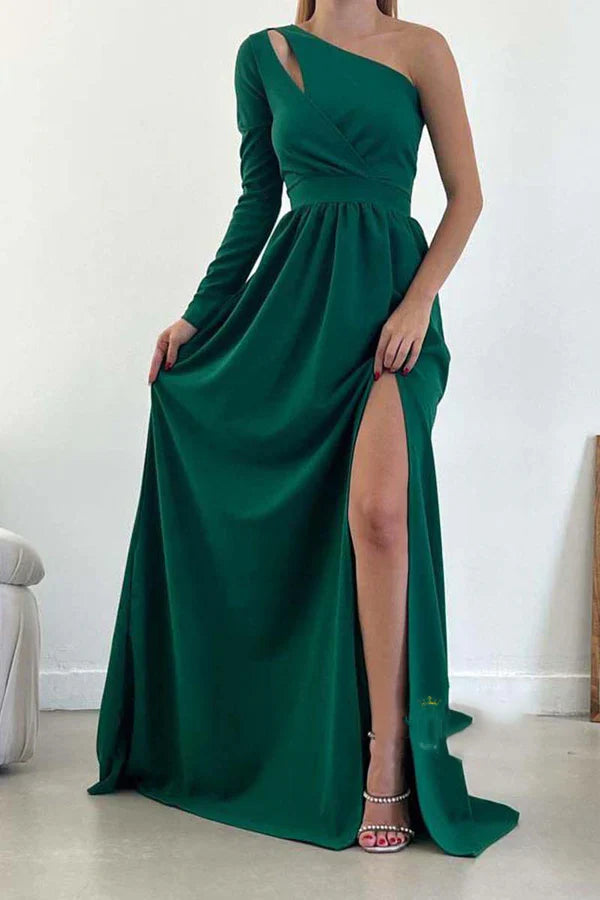 Luolandi A-line One Shoulder Waist Long Sleeve Split Ball Dress Backless Evening Dress Pure Color
