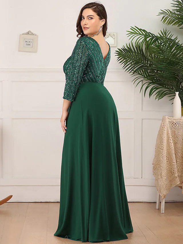 Luolandi Mother of the Bride Dress Plus Size Elegant V Neck Floor Length Polyester 3/4 Length Sleeve with Sequin Dark Green