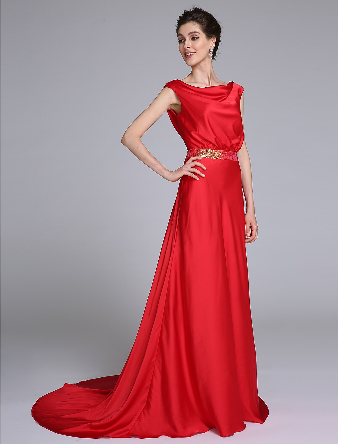 Luolandi Sheath / Column Mother of the Bride Dress Open Back Cowl Neck Court Train Taffeta Sleeveless