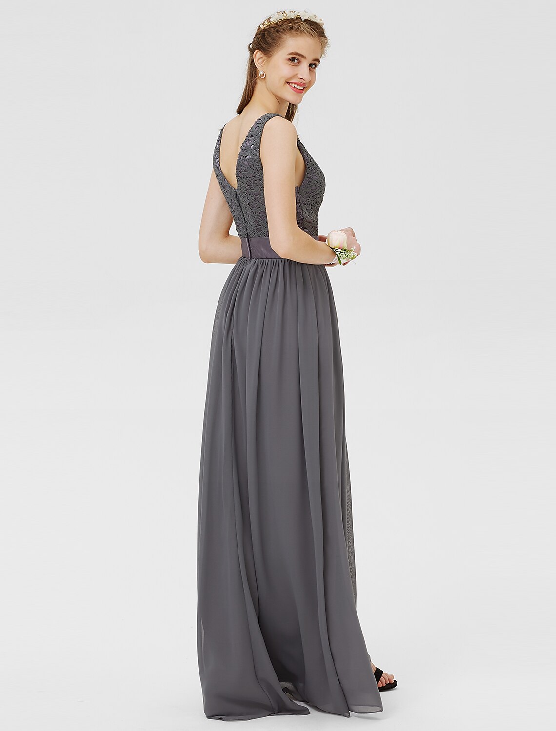 Luolandi Sheath / Column Bateau Floor Length Chiffon / Floral Lace Bridesmaid Dress with Lace / Sash / Ribbon