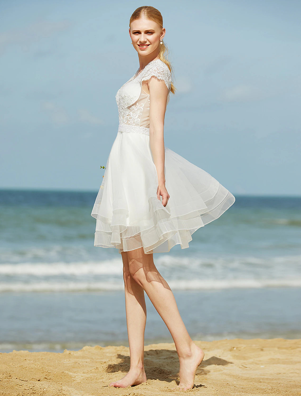 Luolandi Wedding Dresses A-Line V Neck Sleeveless Knee Length Tulle Bridal Gowns With Ribbon Beading