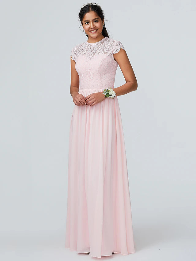 Luolandi A-Line Bridesmaid Dress Jewel Neck Sleeveless Elegant Floor Length Chiffon with Lace Sparkle & Shine