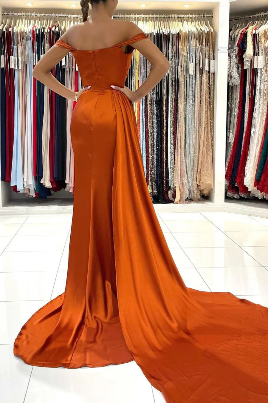 Luolandi Burnt Orange Off The Shoulder Mermaid Prom Dress Long With Split Sexy Evening Dress