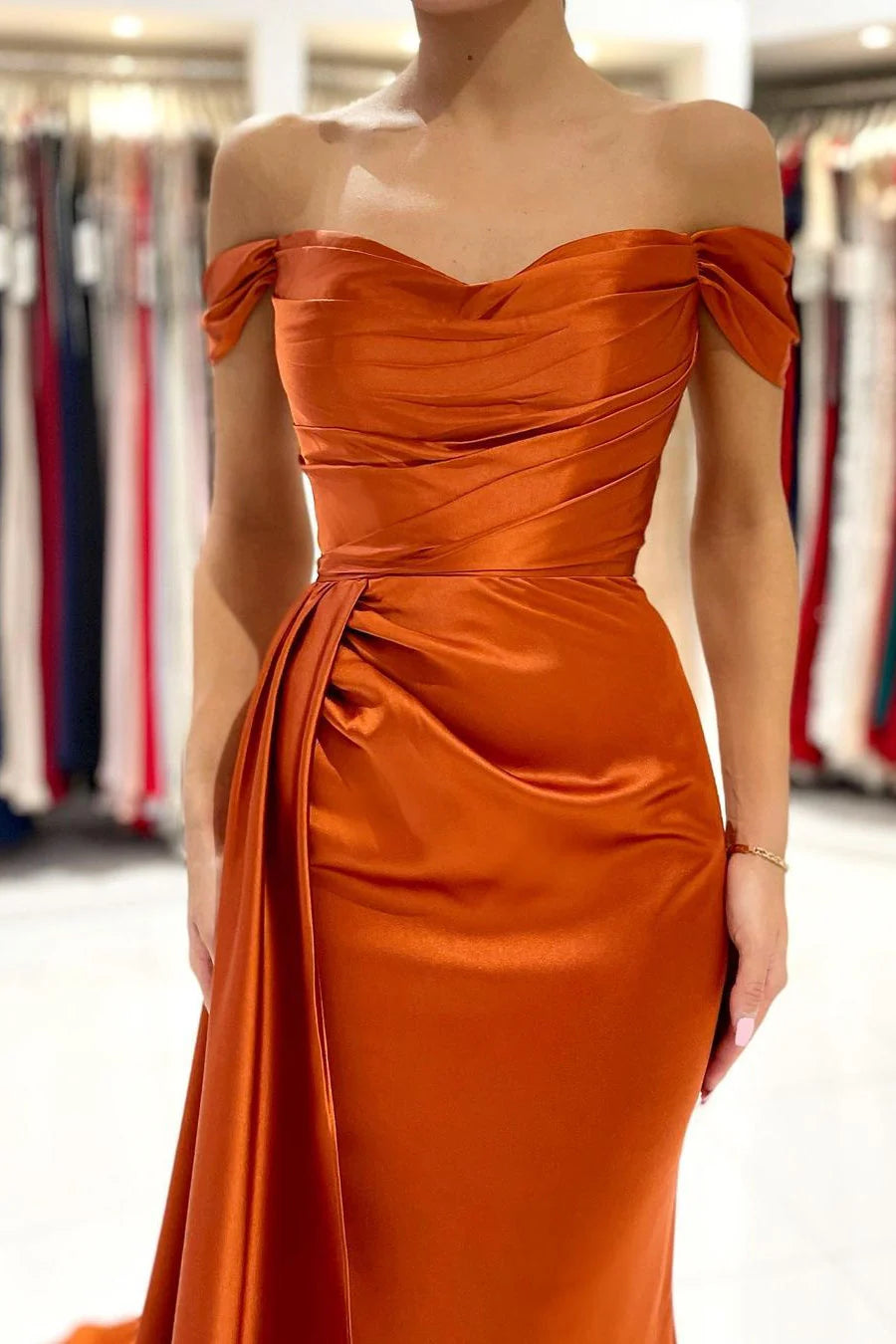 Luolandi Burnt Orange Off The Shoulder Mermaid Prom Dress Long With Split Sexy Evening Dress