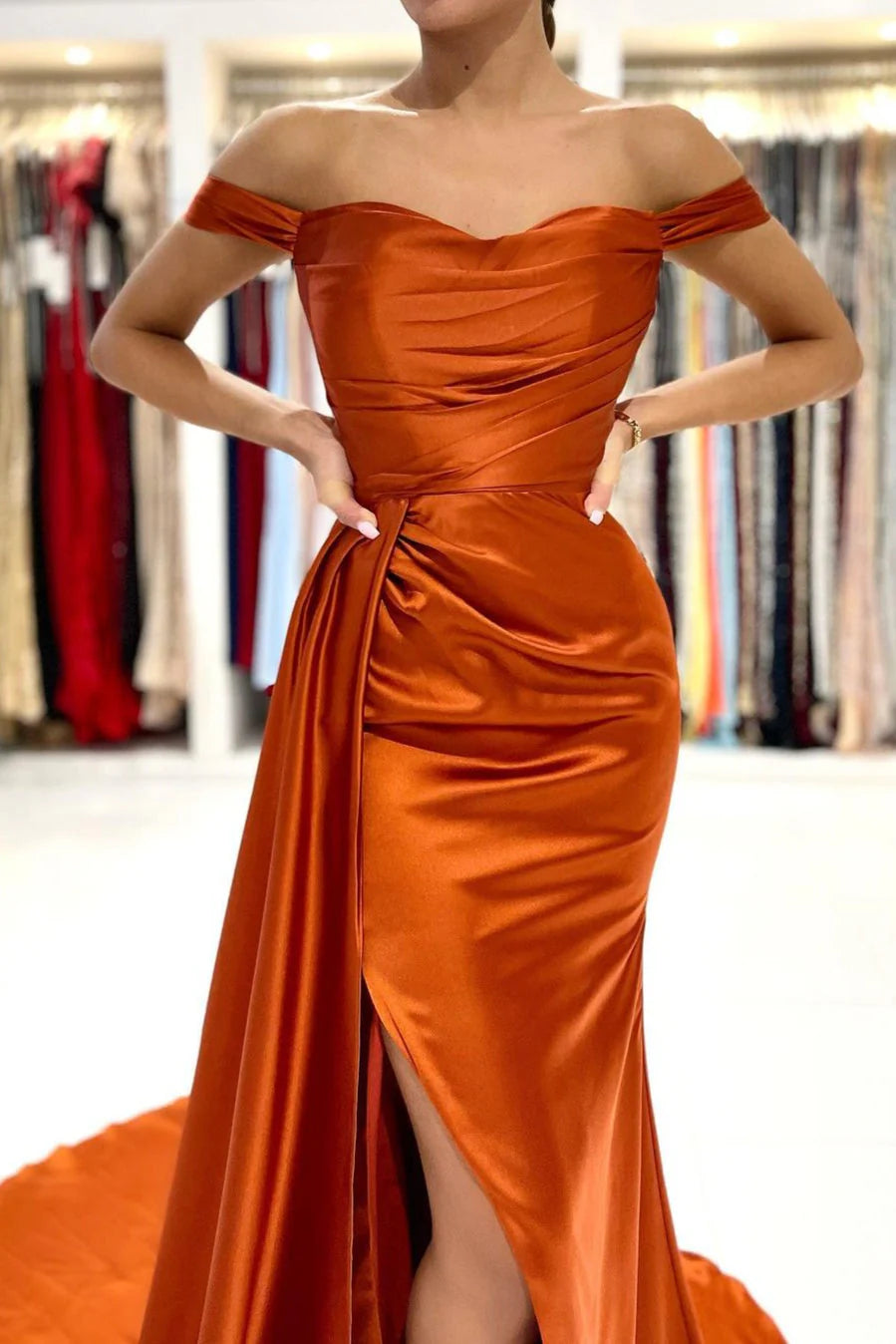 Luolandi Burnt Orange Off The Shoulder Mermaid Prom Dress Long With Split Sexy Evening Dress
