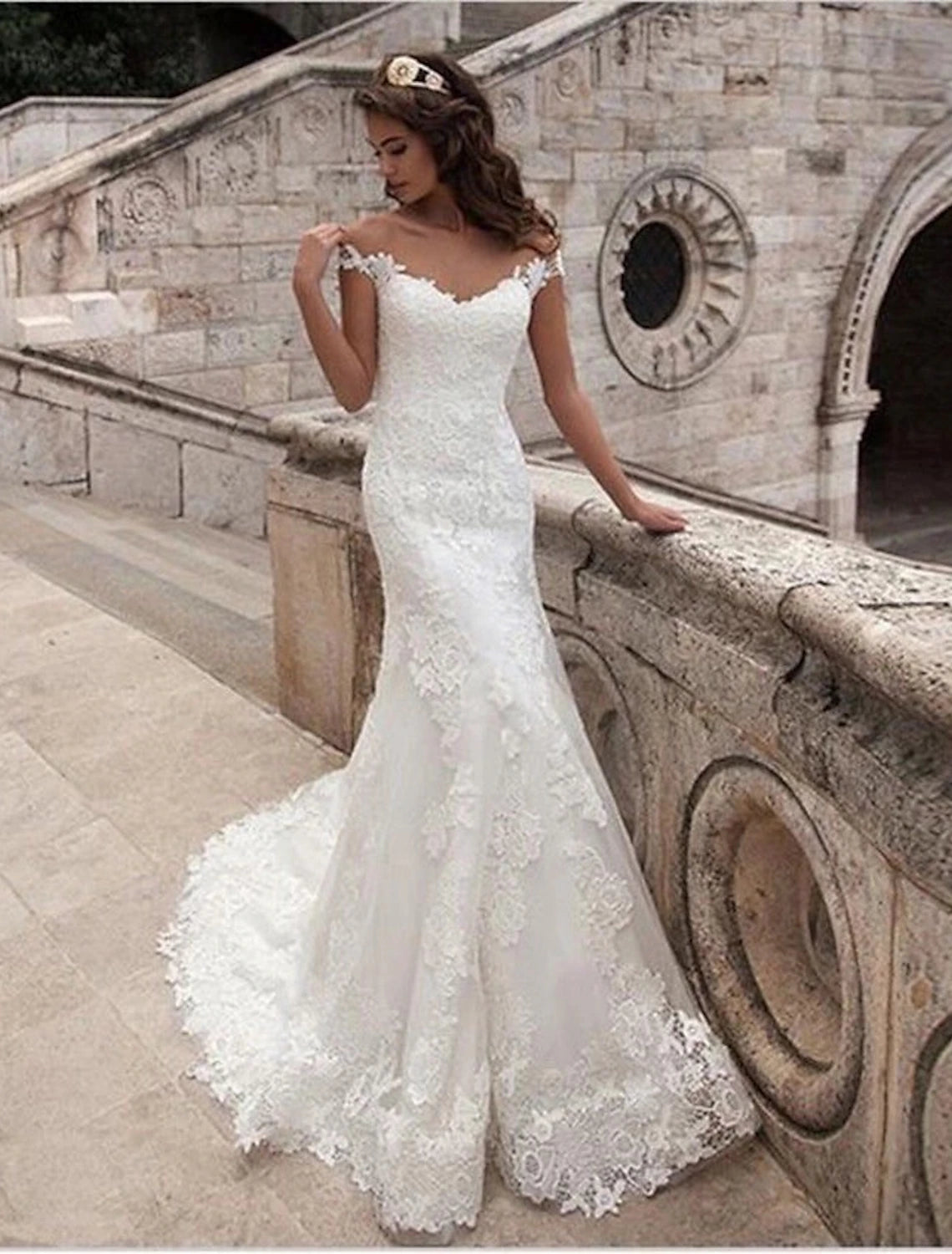 Luolandi Engagement Open Back Formal Wedding Dresses Mermaid / Trumpet Off Shoulder Cap Sleeve Court Train Lace Bridal Gowns