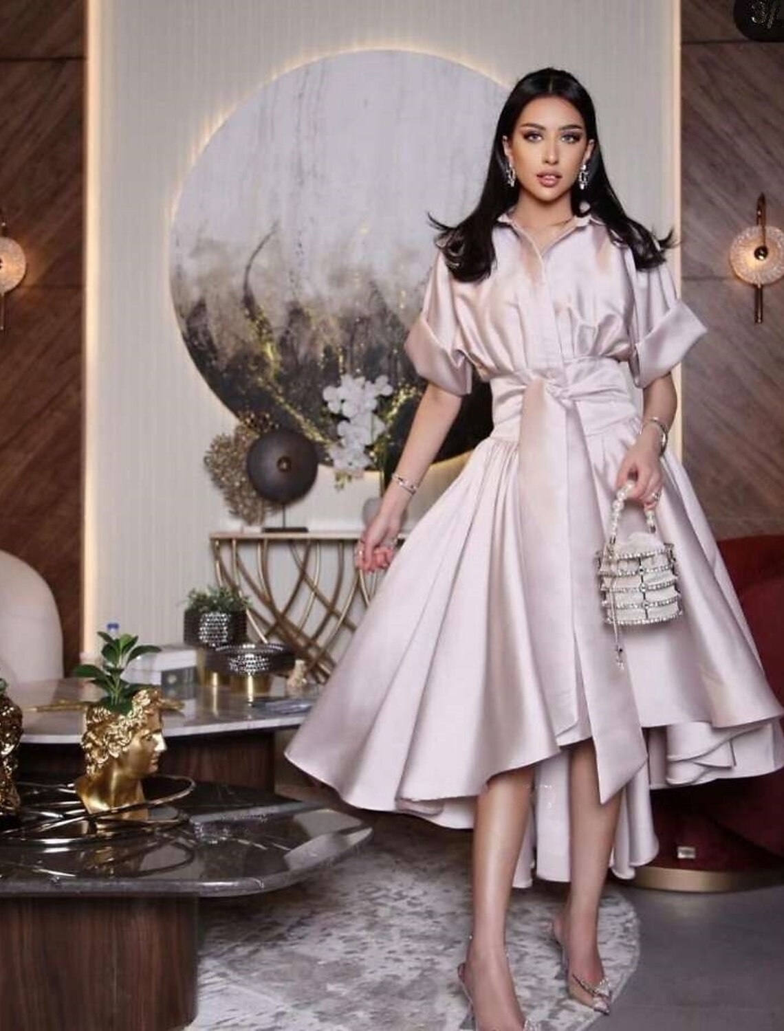 Luolandi A-Line Evening Gown Elegant Dress Formal Asymmetrical Short Sleeve Shirt Collar Satin