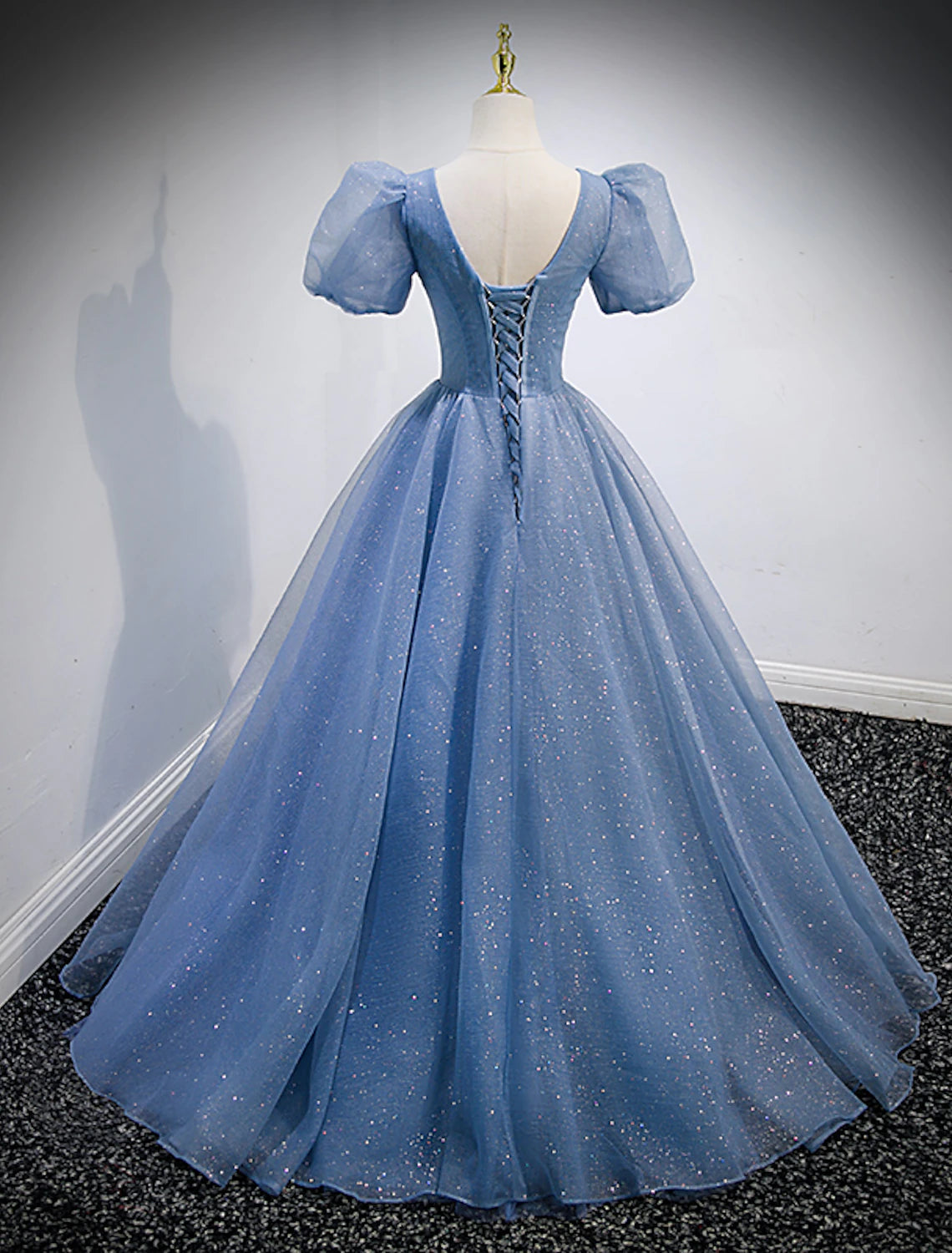 Luolandi A-Line Prom Dresses Puffy Dress Wedding Guest Quinceanera Floor Length Short Sleeve V Neck Tulle