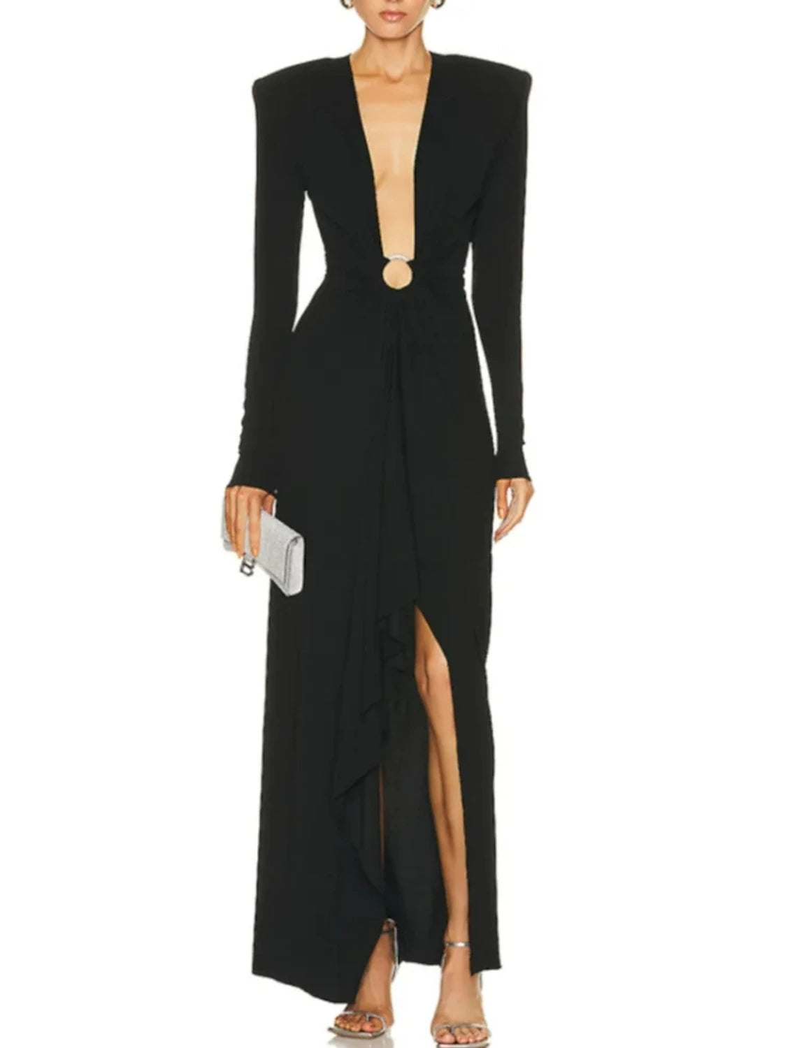 Luolandi Sheath / Column Evening Gown Elegant Dress Formal Ankle Length Christmas Red Green Dress Long Sleeve V Neck Chiffon