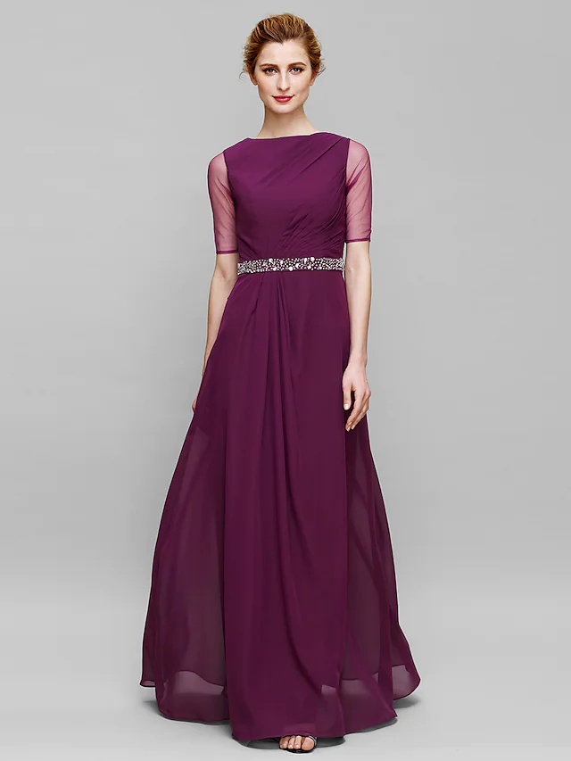 Luolandi Mother of the Bride Dress Elegant Bateau Neck Floor Length Chiffon Tulle Half Sleeve with Beading Grape
