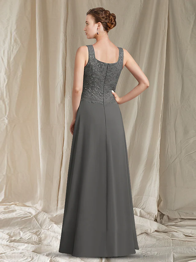 Luolandi Mother of the Bride Dress Elegant Wrap Included Square Neck Floor Length Chiffon Lace Sleeveless