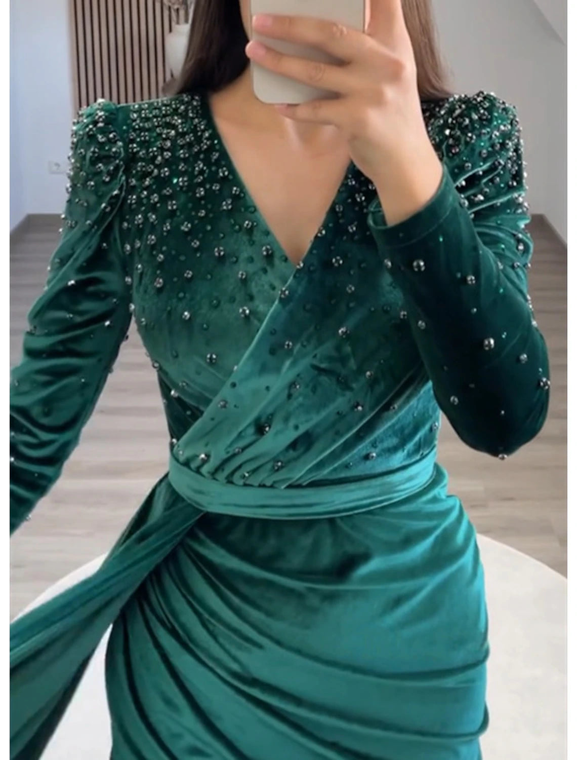 Luolandi Mermaid / Trumpet Evening Gown Elegant Dress Formal Black Tie Gala Floor Length Long Sleeve V Neck Fall Wedding Guest Velvet with Ruched