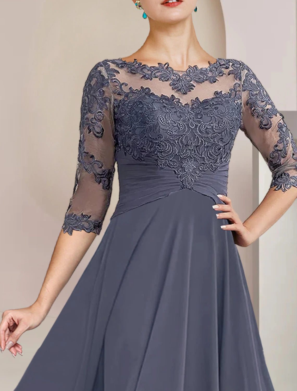 Luolandi Two Piece A-Line Mother of the Bride Dress Formal Wedding Guest Elegant Scoop Neck Tea Length Chiffon Lace 3/4 Length Sleeve Wrap Included with Appliques