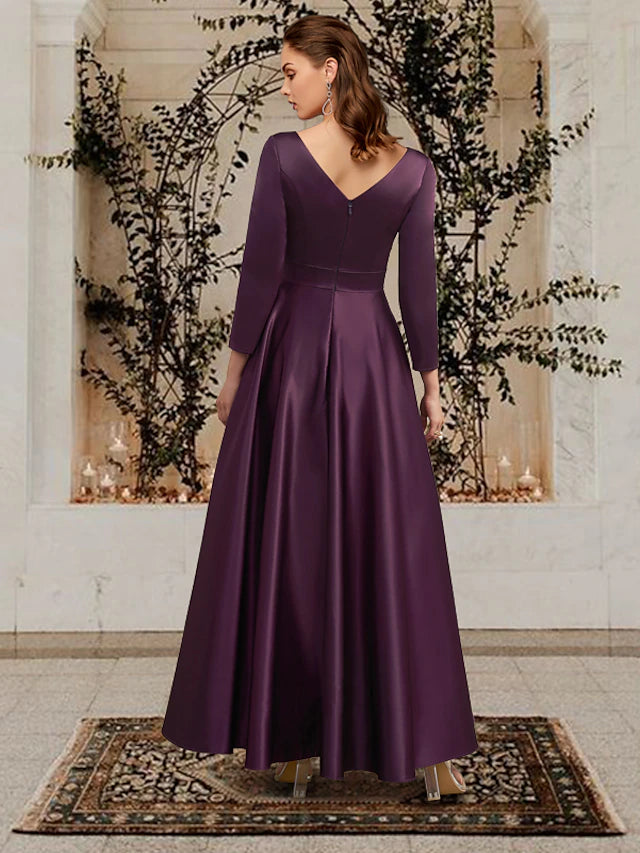 Luolandi A-Line Mother of the Bride Dress Plus Size Elegant V Neck Ankle Length Satin Long Sleeve with Pleats