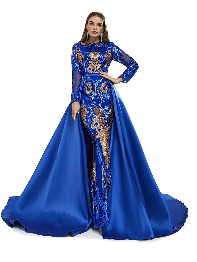 Luolandi Mermaid / Trumpet Evening Gown Elegant Dress Engagement Chapel Train Short Sleeve Jewel Neck Sequined