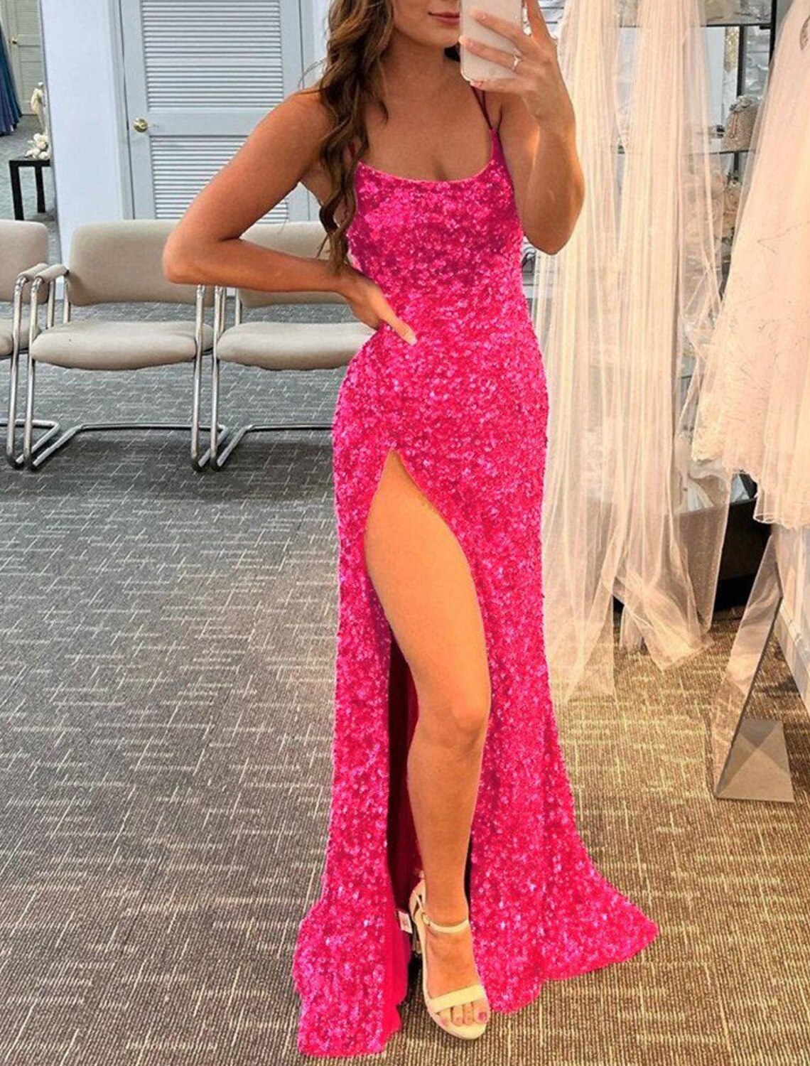 Luolandi Mermaid / Trumpet Prom Dresses Sparkle & Shine Dress Wedding Guest Party Wear Floor Length Sleeveless Spaghetti Strap Sequined