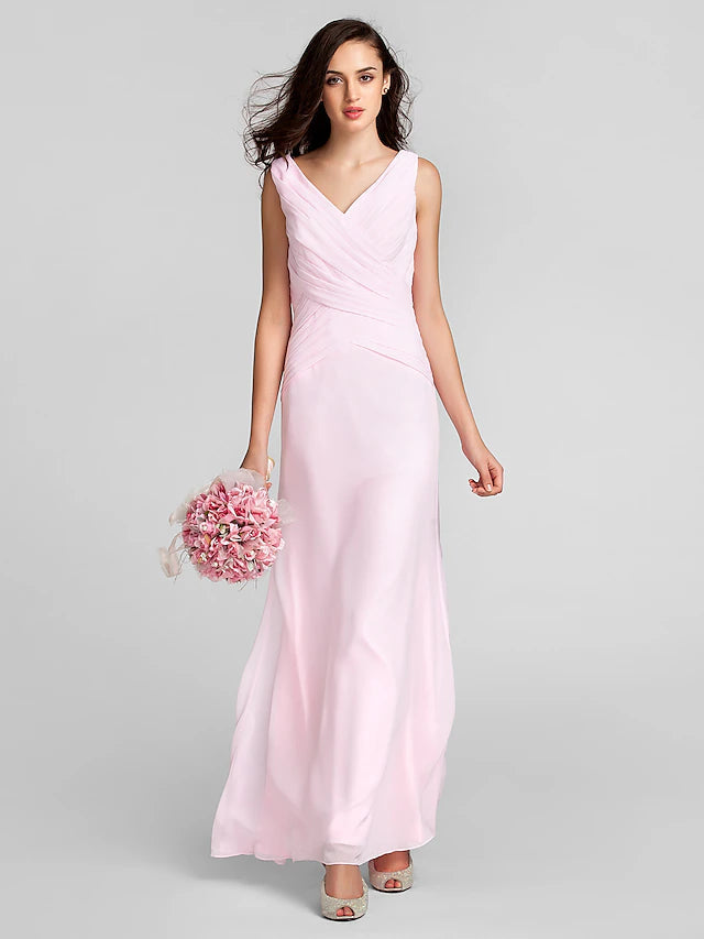 Luolandi Sheath / Column Bridesmaid Dress V Neck Sleeveless Floor Length Chiffon with Criss Pure Color Pure Color Cross
