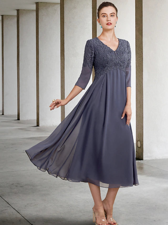 Luolandi A-Line Mother of the Bride Dress Plus Size Elegant V Neck Tea Length Chiffon Lace 3/4 Length Sleeve