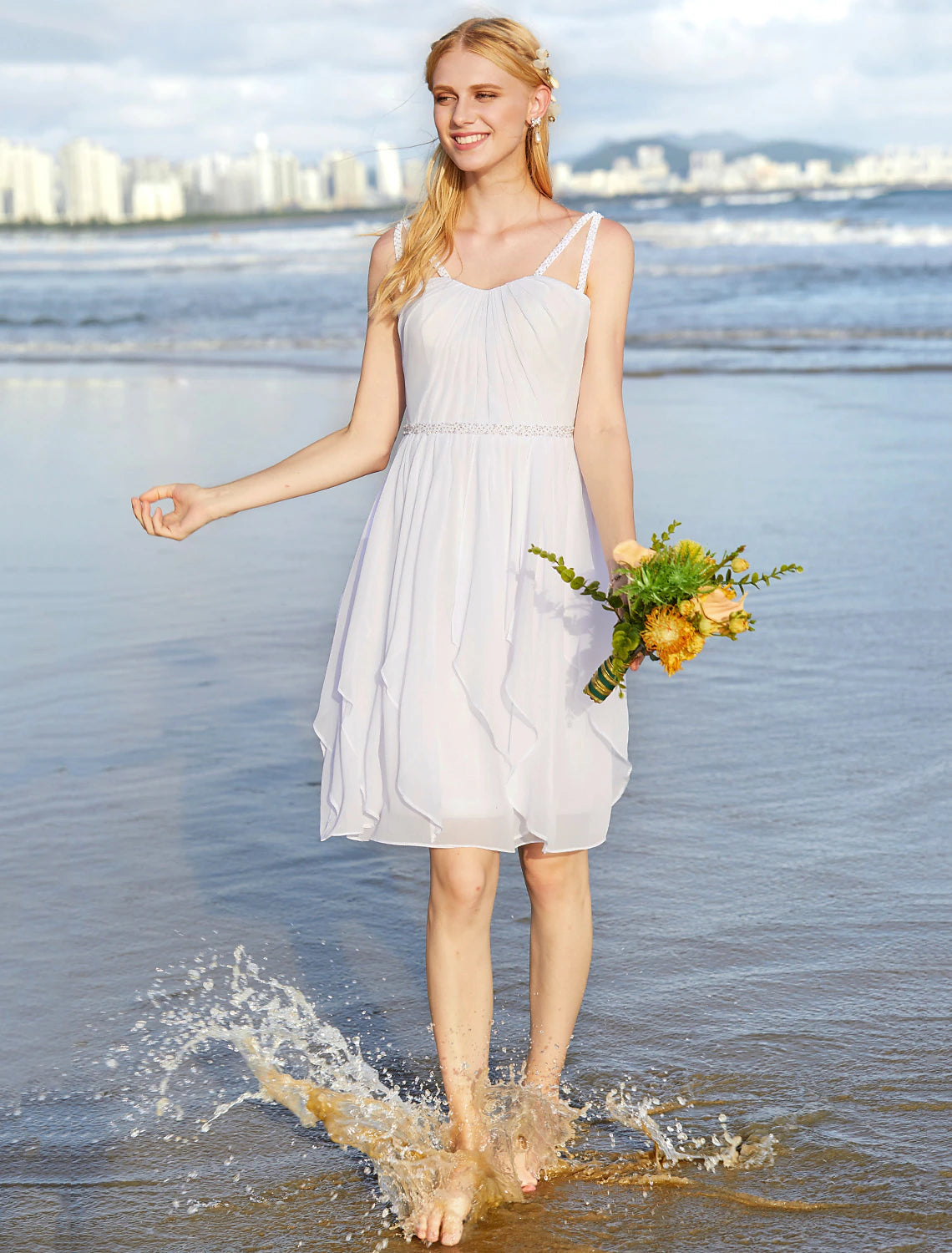 Luolandi Wedding Dresses A-Line Sweetheart Regular Straps Knee Length Chiffon Bridal Gowns With Sash / Ribbon