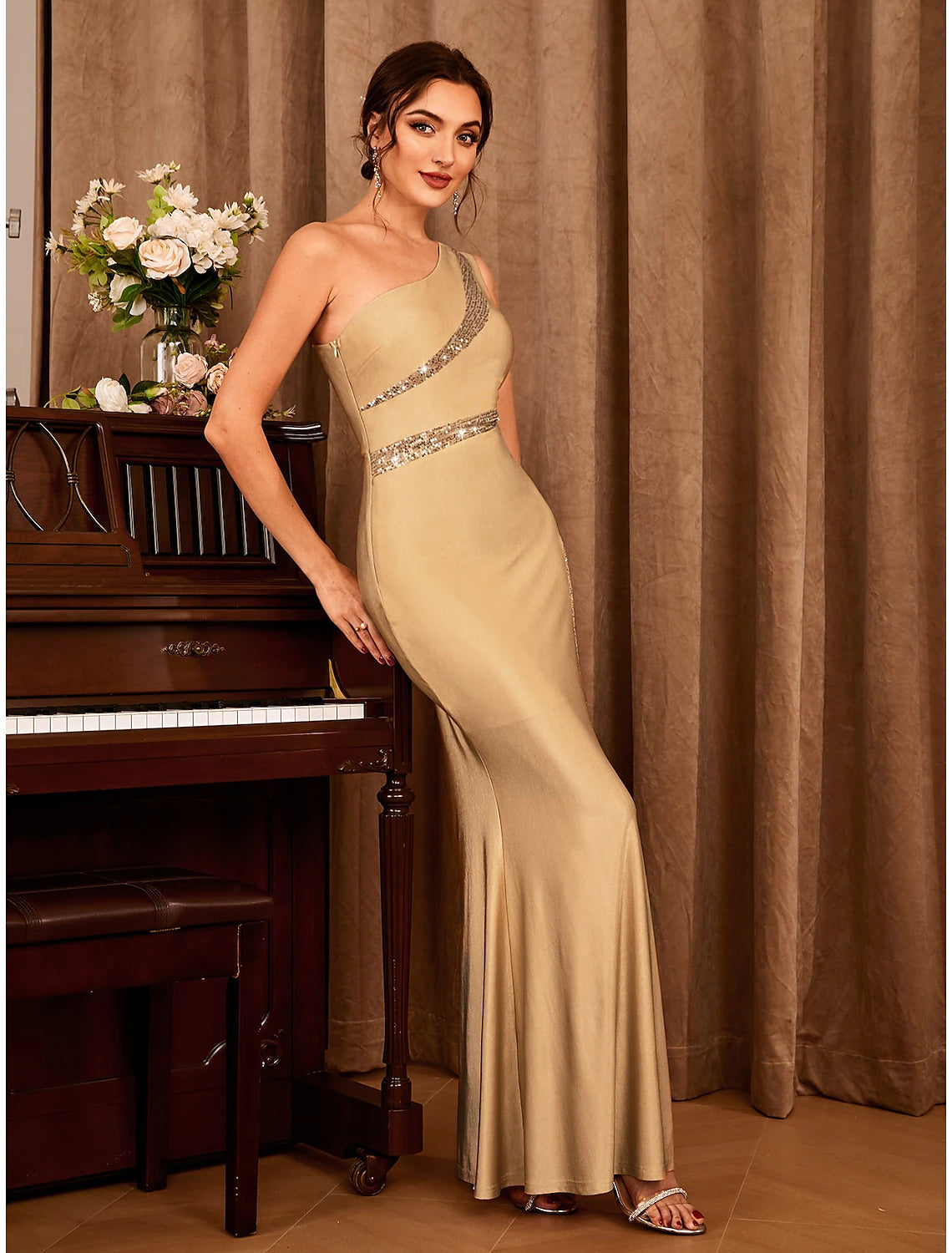 Luolandi Mermaid / Trumpet Party Dresses Sexy Dress Wedding Party Floor Length Sleeveless One Shoulder Satin