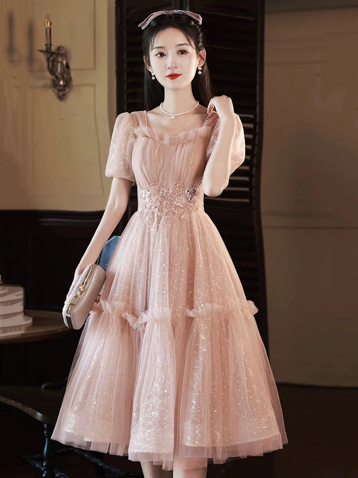 Luolandi Pink Tulle Sweetheart Short Prom Dress Short Sleeve Party Dress Formal Dress