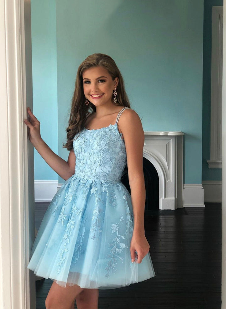 Luolandi Short Blue Lace A-Line Prom Dresses A-Line Homecoming Dresses Beautiful