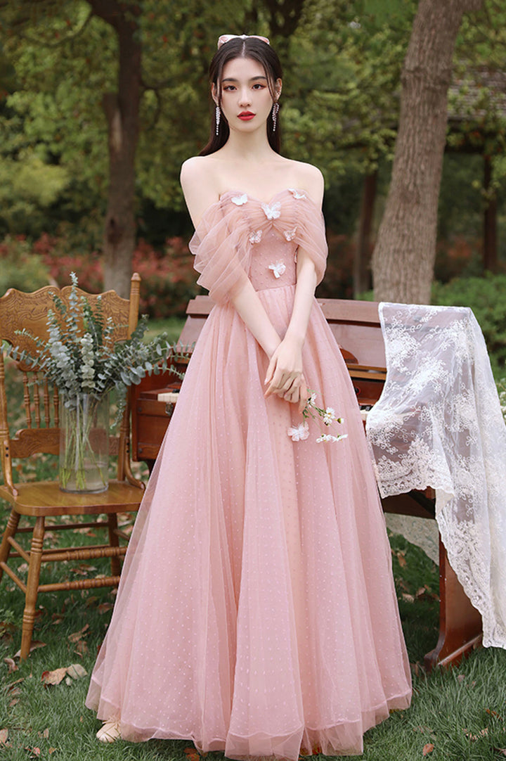 Luolandi Pink Tulle Long Prom Dresses A-Line Tulle Party Dresses With Butterfly Bridesmaid Dresses
