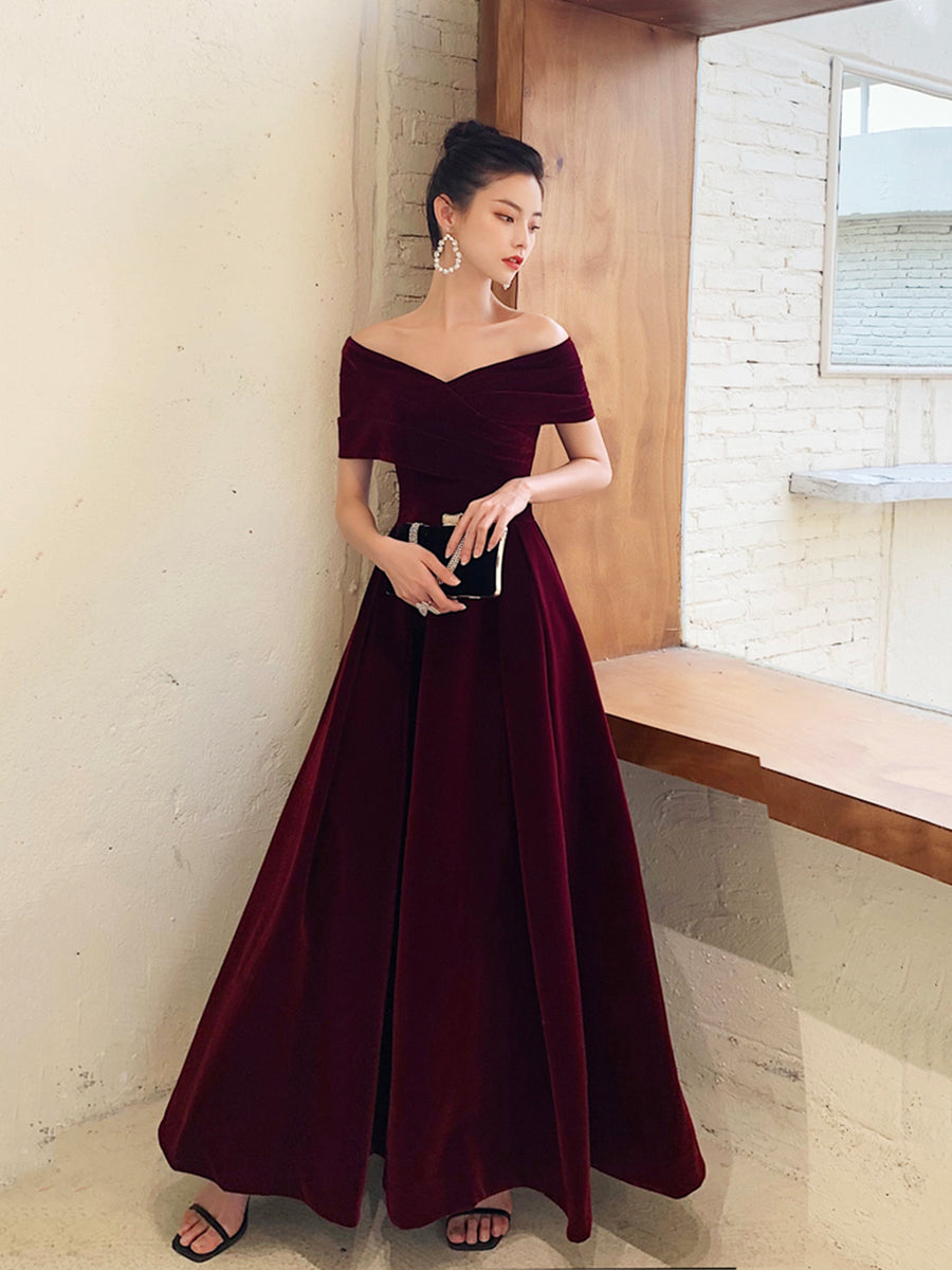 Luolandi Burgundy V-Neck Velvet Long Prom Dress Off Shoulder Evening Party Dress Sexy