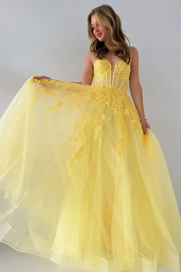 Luolandi A-Line V Neck Yellow Tulle Lace Long Prom Dresses with Appliques Beautiful