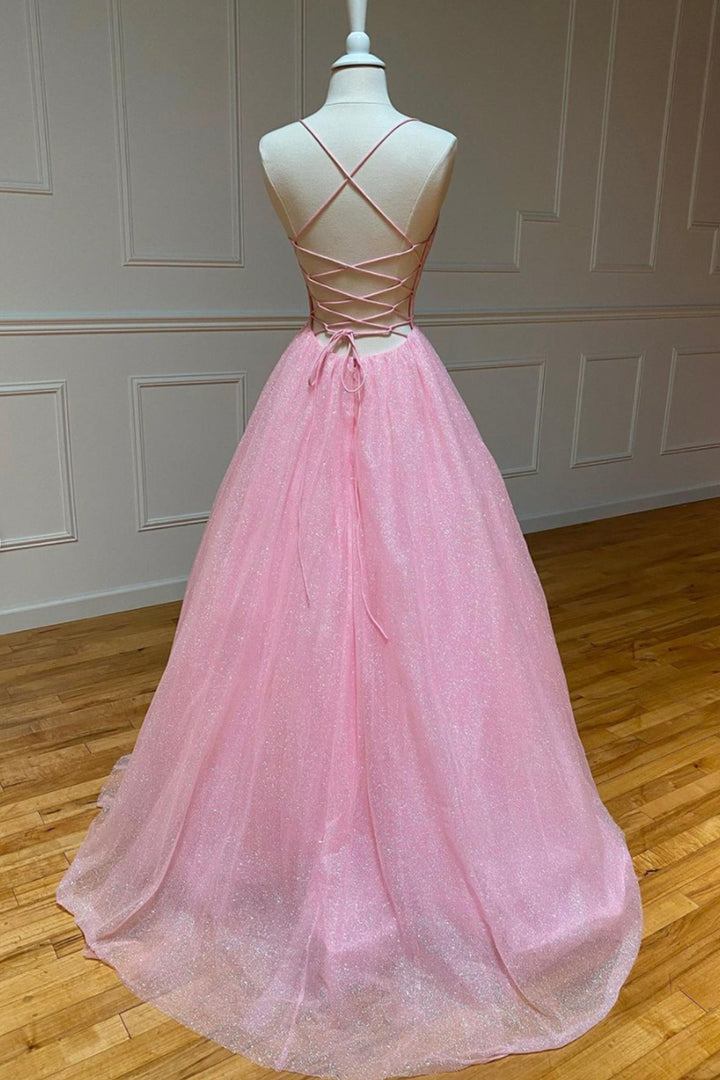 Luolandi Pink V-Neck Tulle Long Prom Dresses A-Line Backless Evening Dresses Sparkly