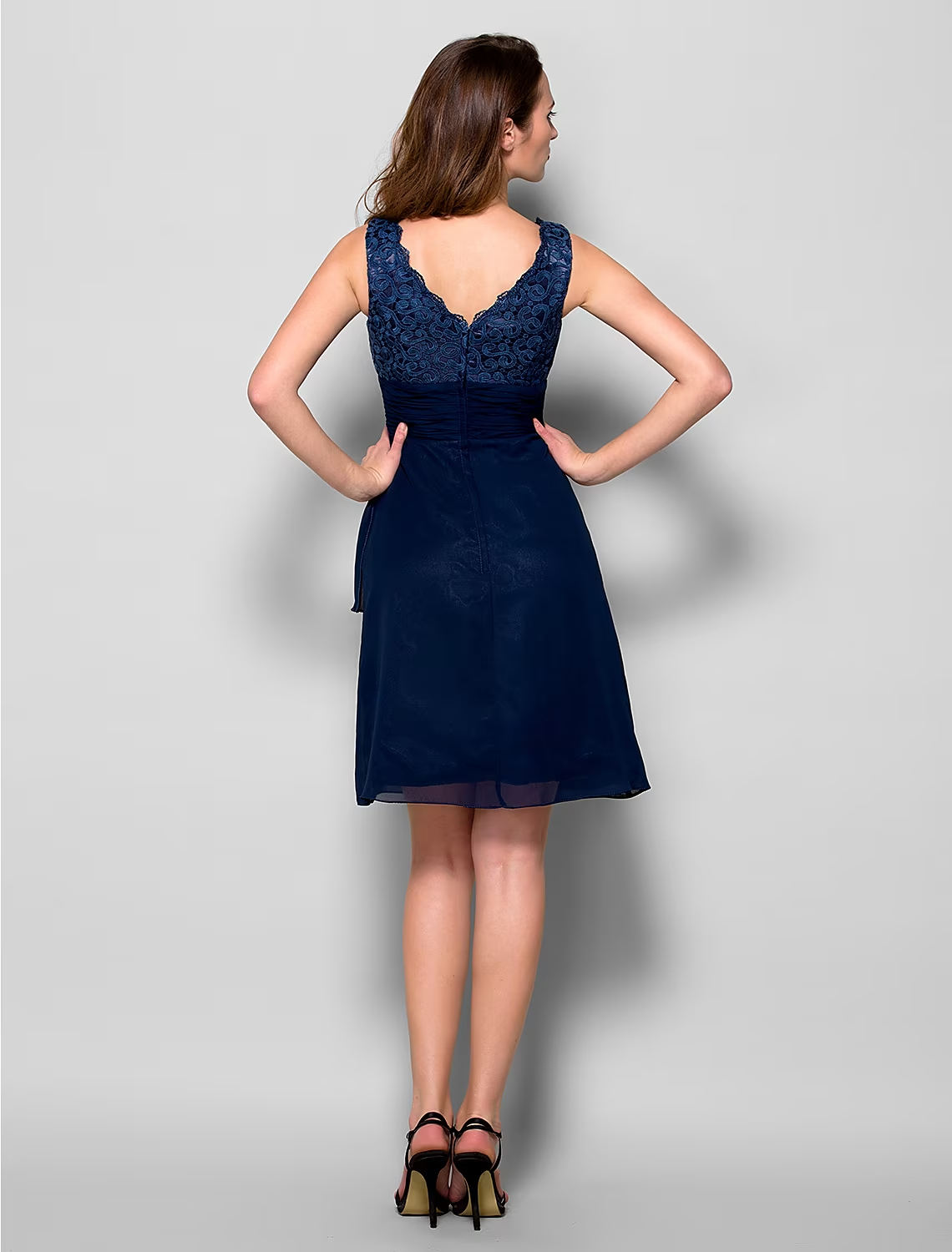 Luolandi A-Line Mother of the Bride Dress Wrap Included V Neck Knee Length Chiffon Lace Bodice Sleeveless with Lace Ruched Crystal