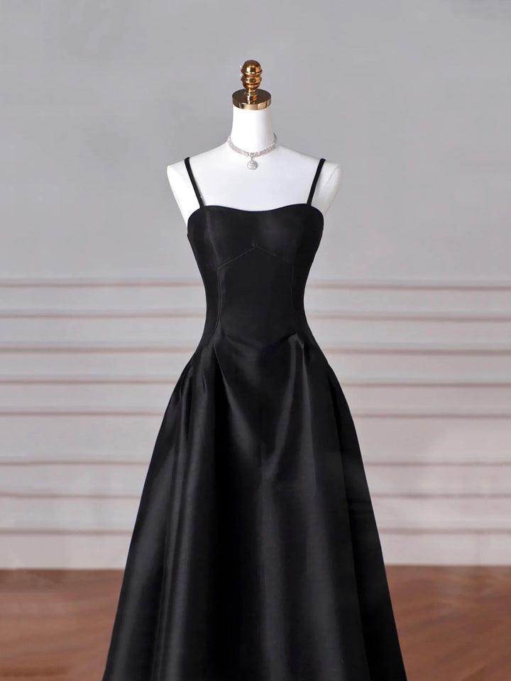 Luolandi Black Spaghetti Strap Satin Long Prom Dress A-Line Evening Dress Floor Length
