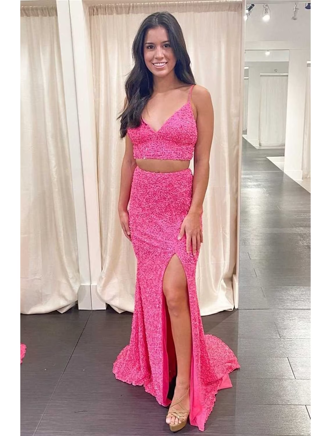 Luolandi Two Piece Ball Gown Mermaid / Trumpet Prom Dresses Sparkle & Shine Dress Party Wear Sweep / Brush Train Sleeveless Spaghetti Strap Sequined Backless