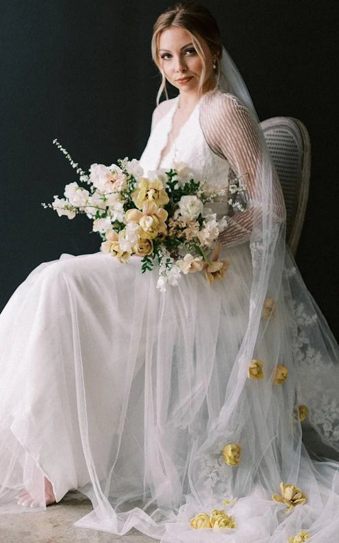 Luolandi Casual A-Line Bateau Lace Tulle Wedding Dress With Long Sleeve And Sash Elegant