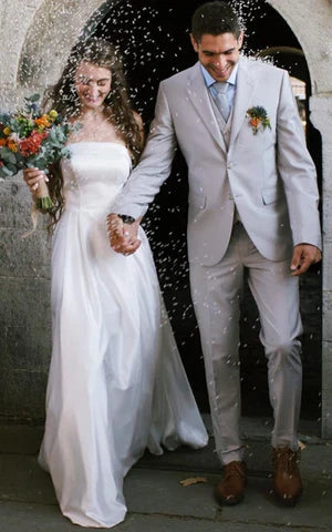 Luolandi Casual A-Line Strapless Satin Garden Wedding Dress With Backless And Illusion Sleeves Off Shoulder