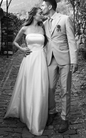 Luolandi Casual A-Line Strapless Satin Garden Wedding Dress With Backless And Illusion Sleeves Off Shoulder