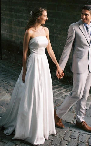 Luolandi Casual A-Line Strapless Satin Garden Wedding Dress With Backless And Illusion Sleeves Off Shoulder