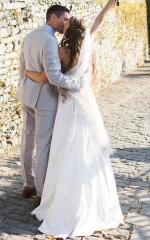 Luolandi Casual A-Line Strapless Satin Garden Wedding Dress With Backless And Illusion Sleeves Off Shoulder