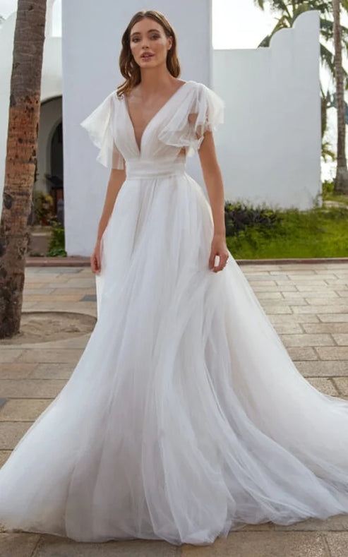 Luolandi Casual Beach A-Line Tulle Wedding Dress With V-neck And Low-V Back Sexy