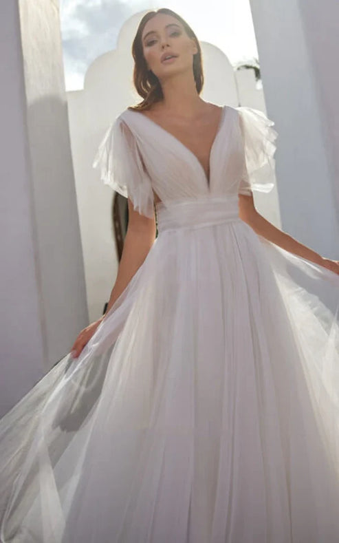 Luolandi Casual Beach A-Line Tulle Wedding Dress With V-neck And Low-V Back Sexy
