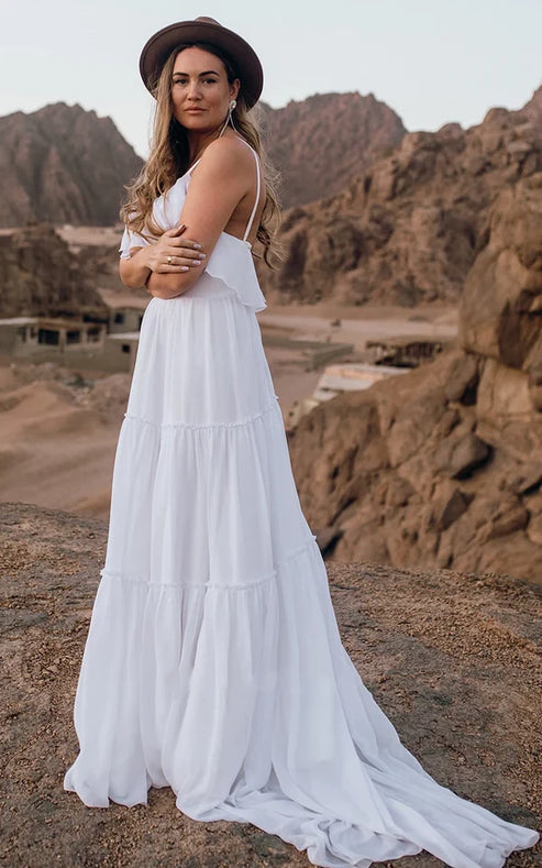 Luolandi Casual Spaghetti Straps A Line Sleeveless Wedding Dress with Ruffles and Open Back